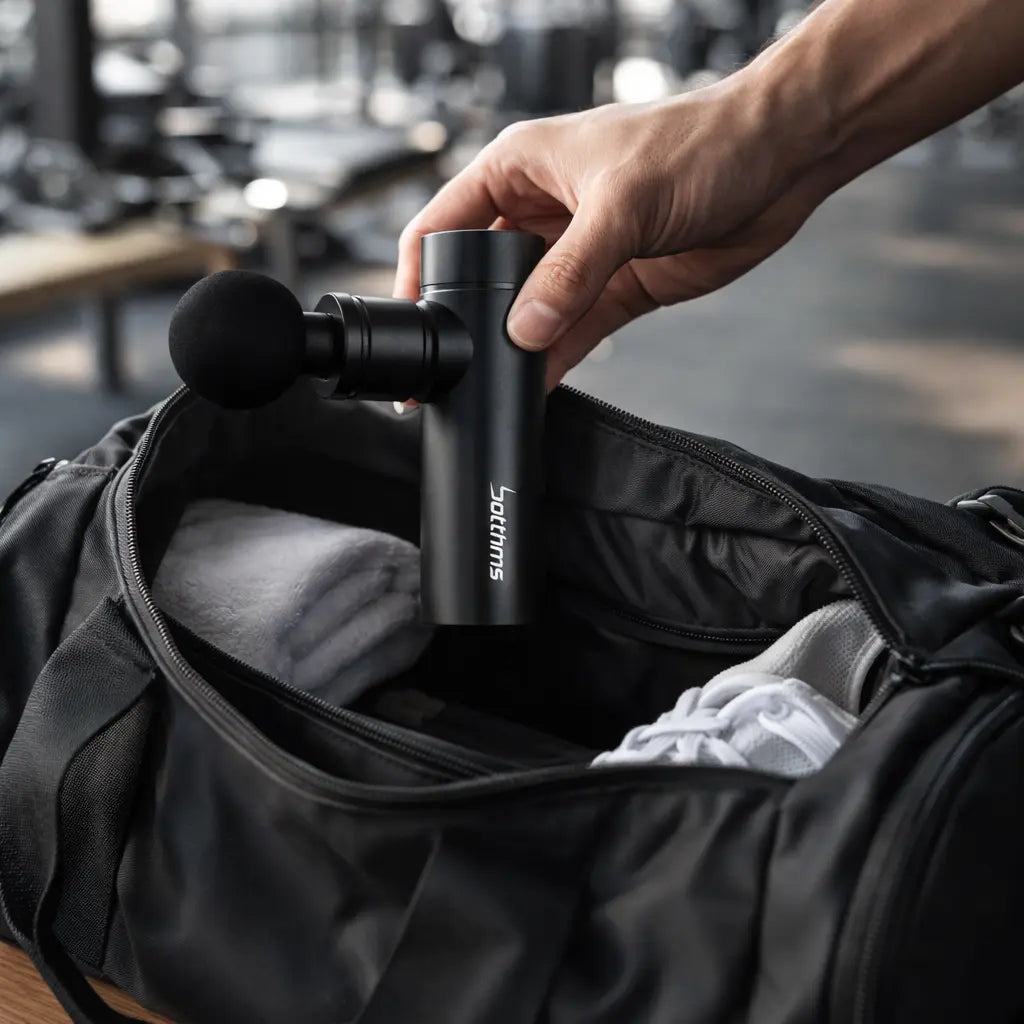 Person placing a black botthms mini pro massage gun into a gym bag.