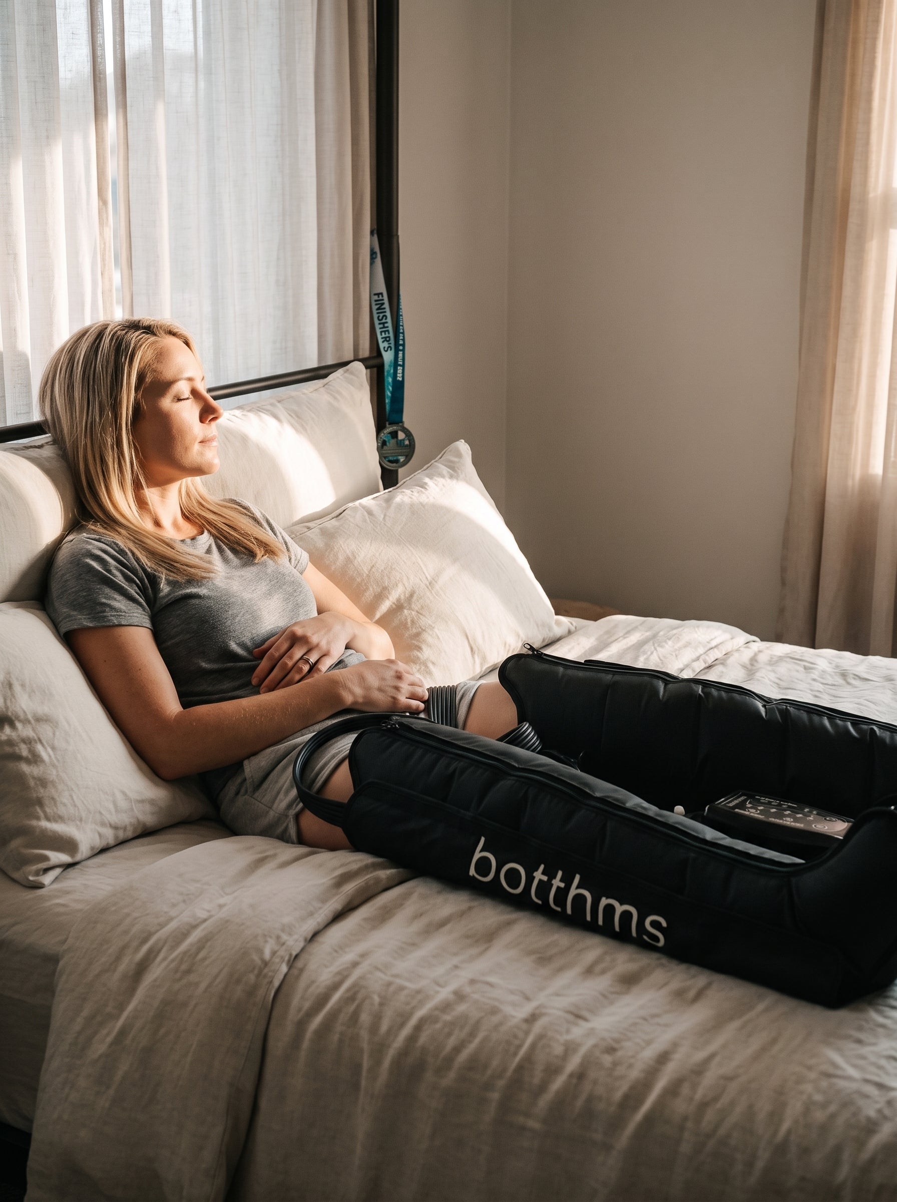 Runner resting in botthms recovery boots the morning after a marathon