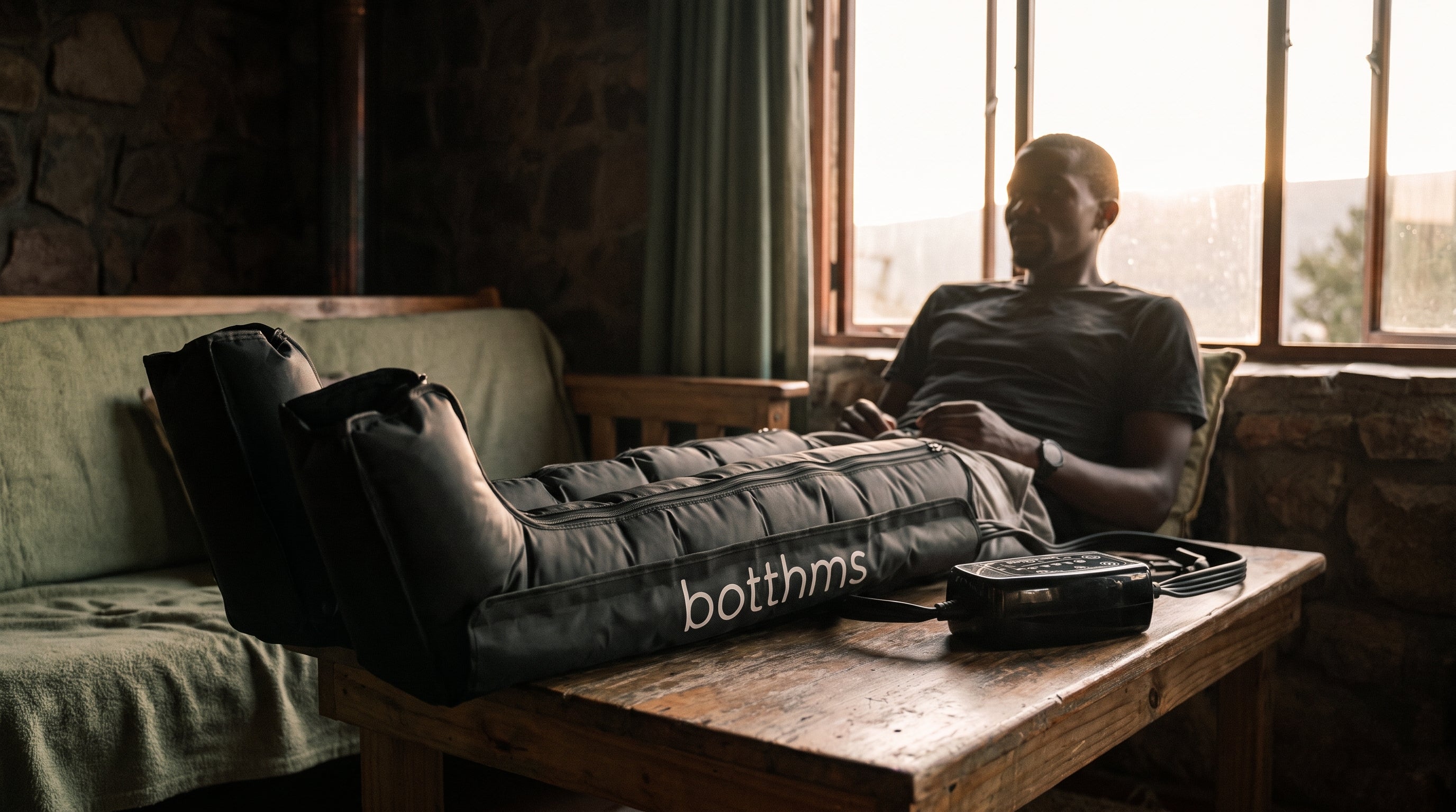 Hockey player in botthms recovery boots at the recovery hub