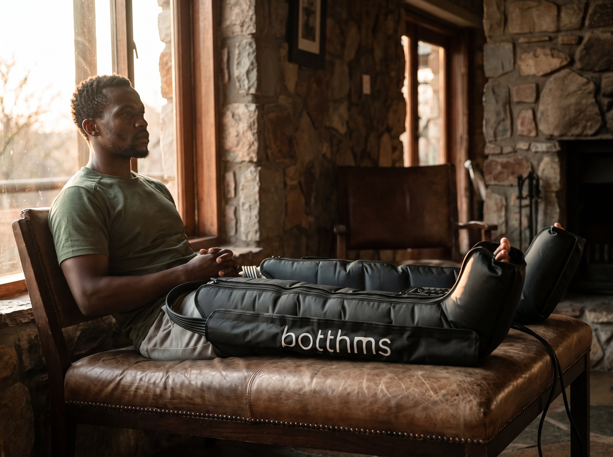 Cyclist in botthms recovery boots on the living-room floor