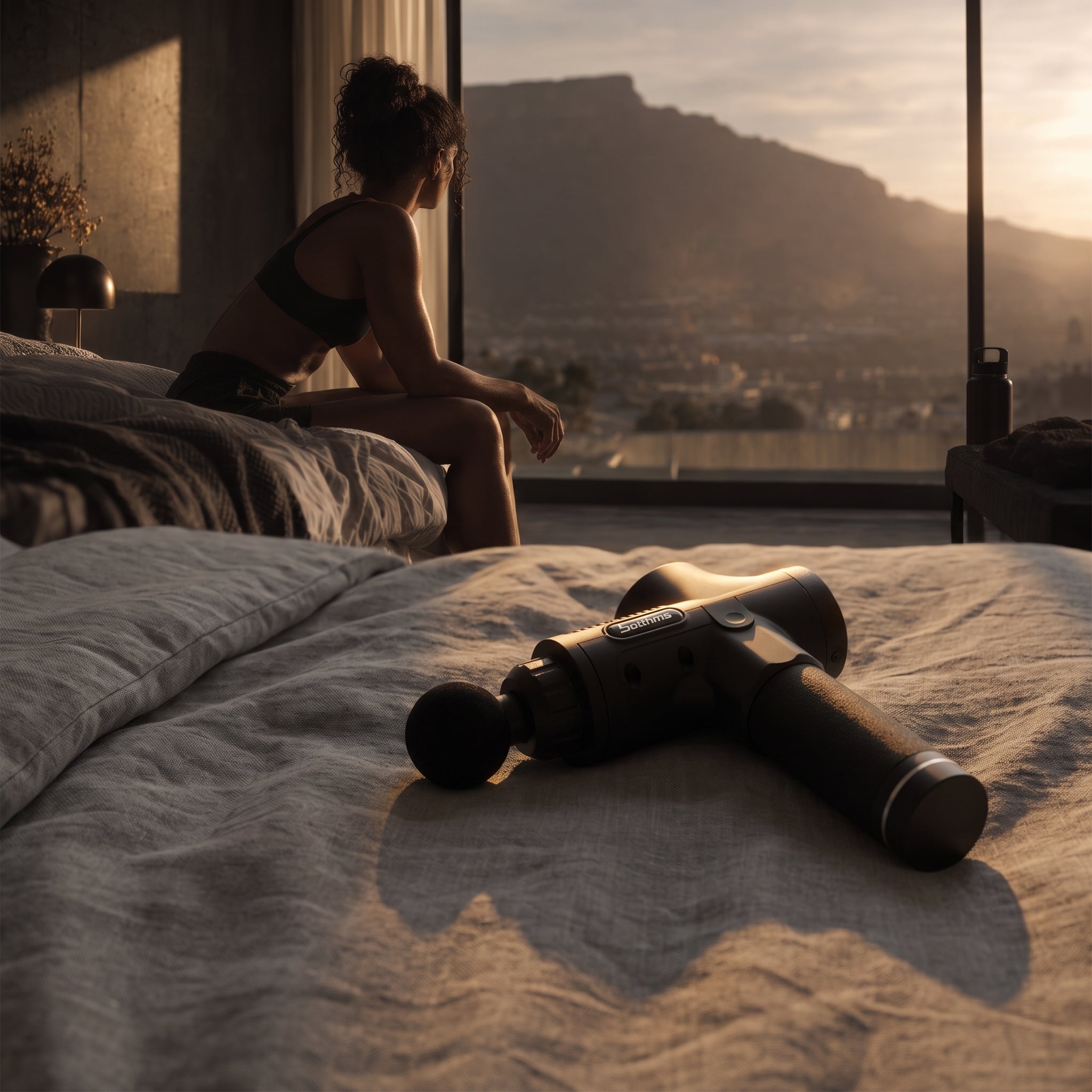 botthms Lite V1 massage gun lying on linen bedding after use