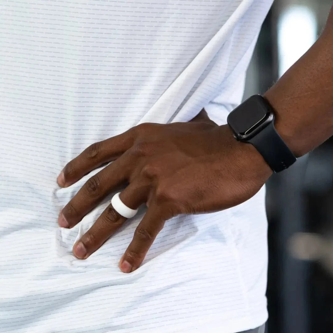 man wearing botthms white silicone ring